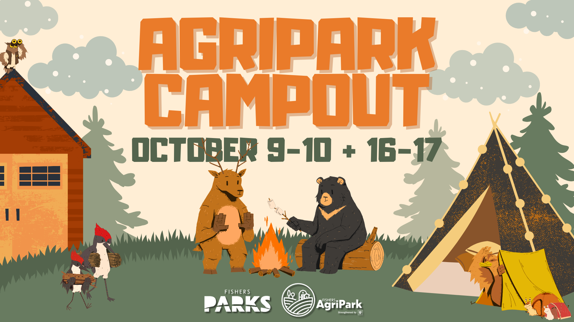 Colorful camping poster for AgriPark Campout with bears by a campfire, tents, and pine trees.