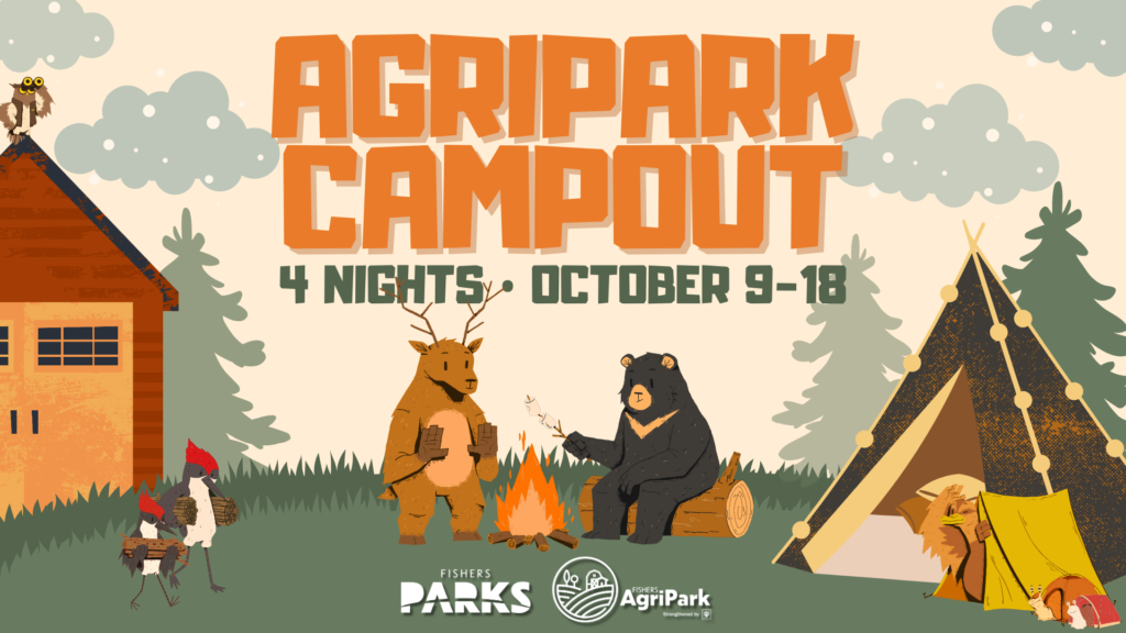 Illustrated poster for AgriPark Campout with bears and woodland animals around a campfire, tents and trees, date October 9–18.